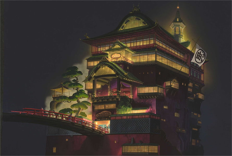 Spirited Away Bathhouse at Night with Red Bridge and Glowing Windows HD wallpaper