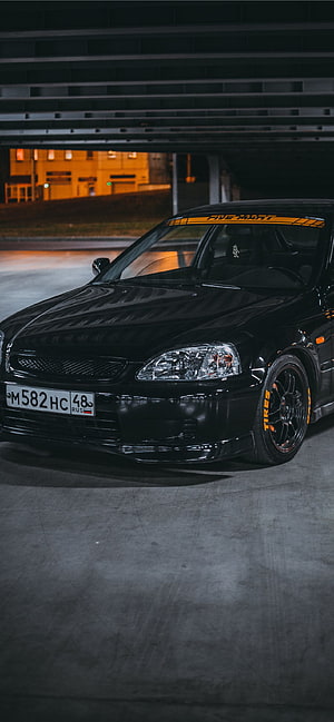 Black Honda Civic EK9 Type R Night Street Scene with Orange Accents HD phone wallpaper