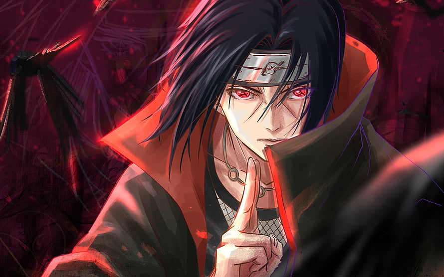 Itachi Uchiha in Akatsuki cloak with red eyes and finger raised against a dark crimson background HD wallpaper
