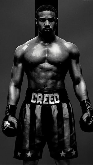 Adonis Creed Boxing Portrait in Black and White with Striped Trunks and Gloves HD phone wallpaper