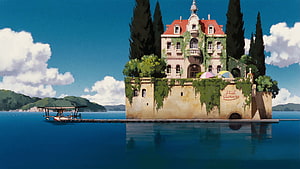 Studio Ghibli Floating Island Villa with Seaplane and Lush Mediterranean Garden HD wallpaper
