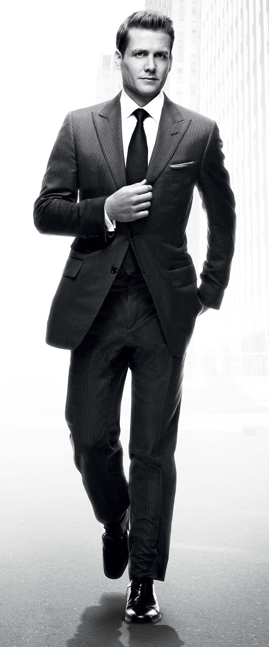 Harvey Specter in a Classic Pinstripe Suit Walking Through a Modern City HD phone wallpaper
