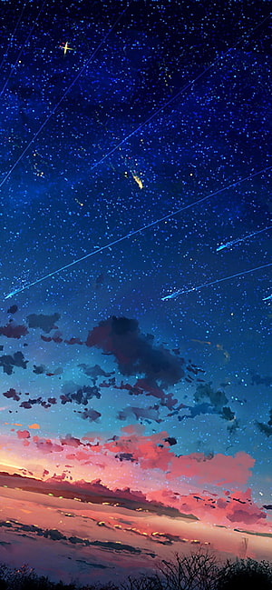 Anime Night Sky with Shooting Stars and Pink Sunset Clouds HD phone wallpaper