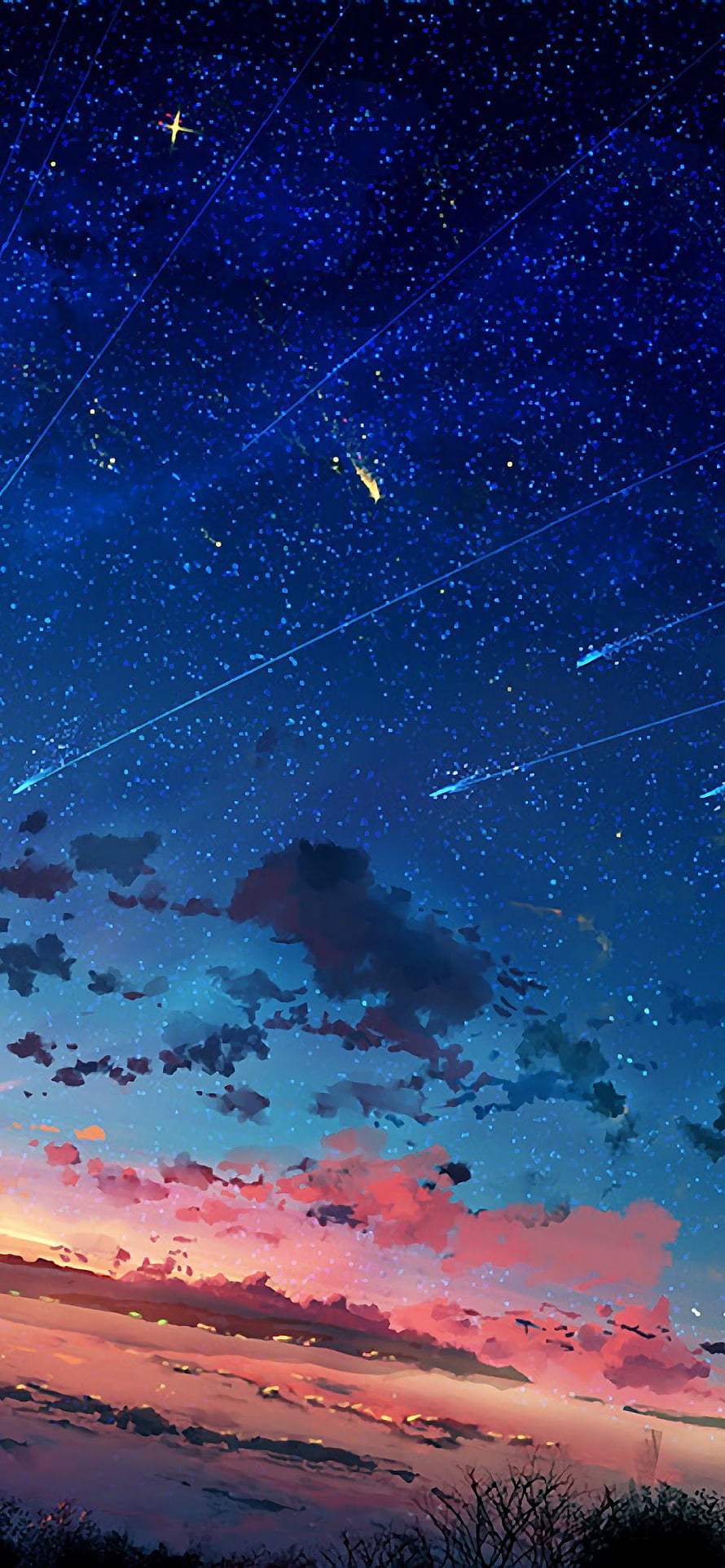 Anime Night Sky with Shooting Stars and Pink Sunset Clouds HD phone wallpaper