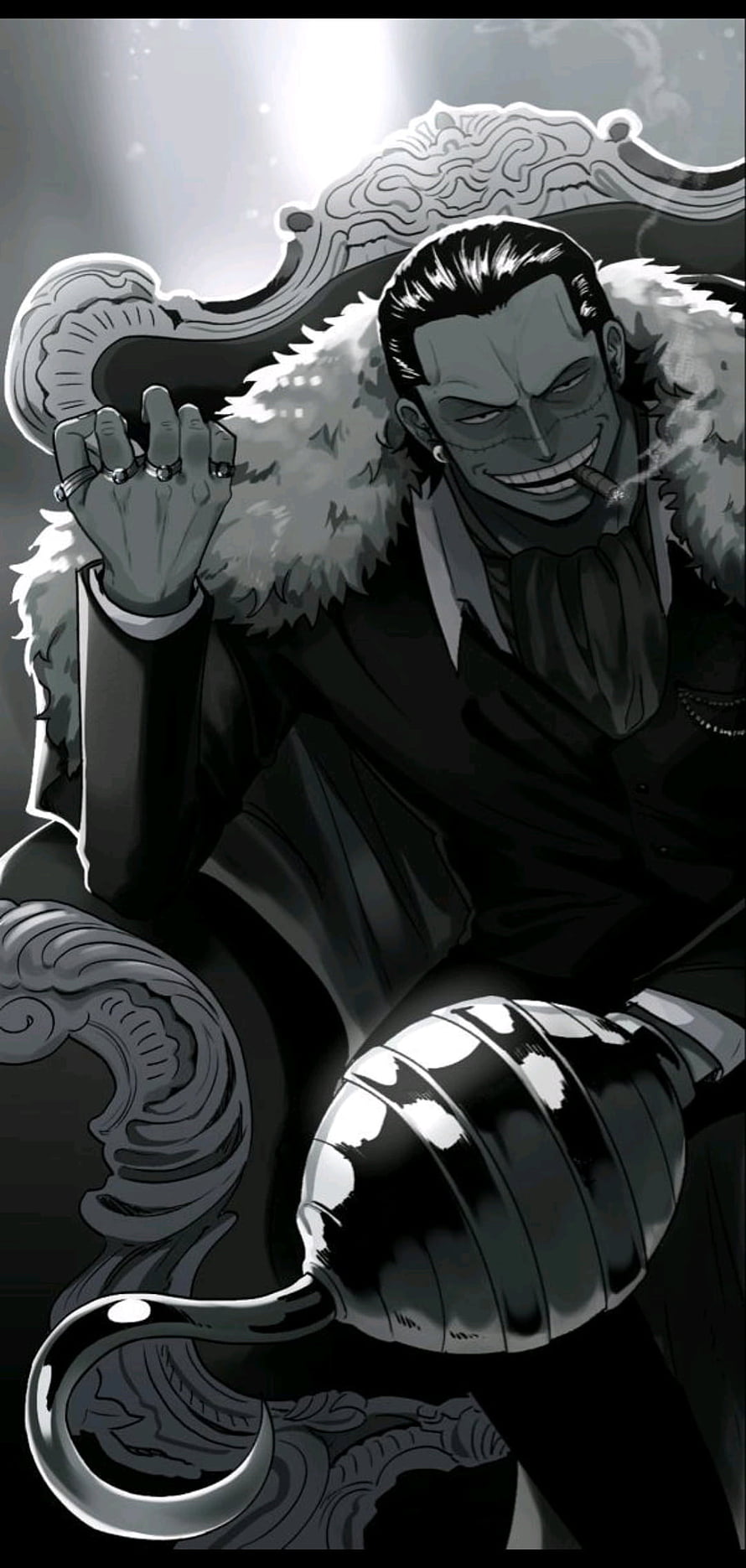 Crocodile from One Piece Seated in an Ornate Throne Smoking a Cigar HD phone wallpaper