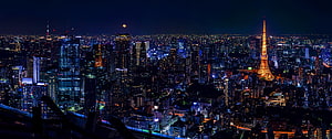 Tokyo Skyline at Night with Tokyo Tower and Full Moon HD wallpaper