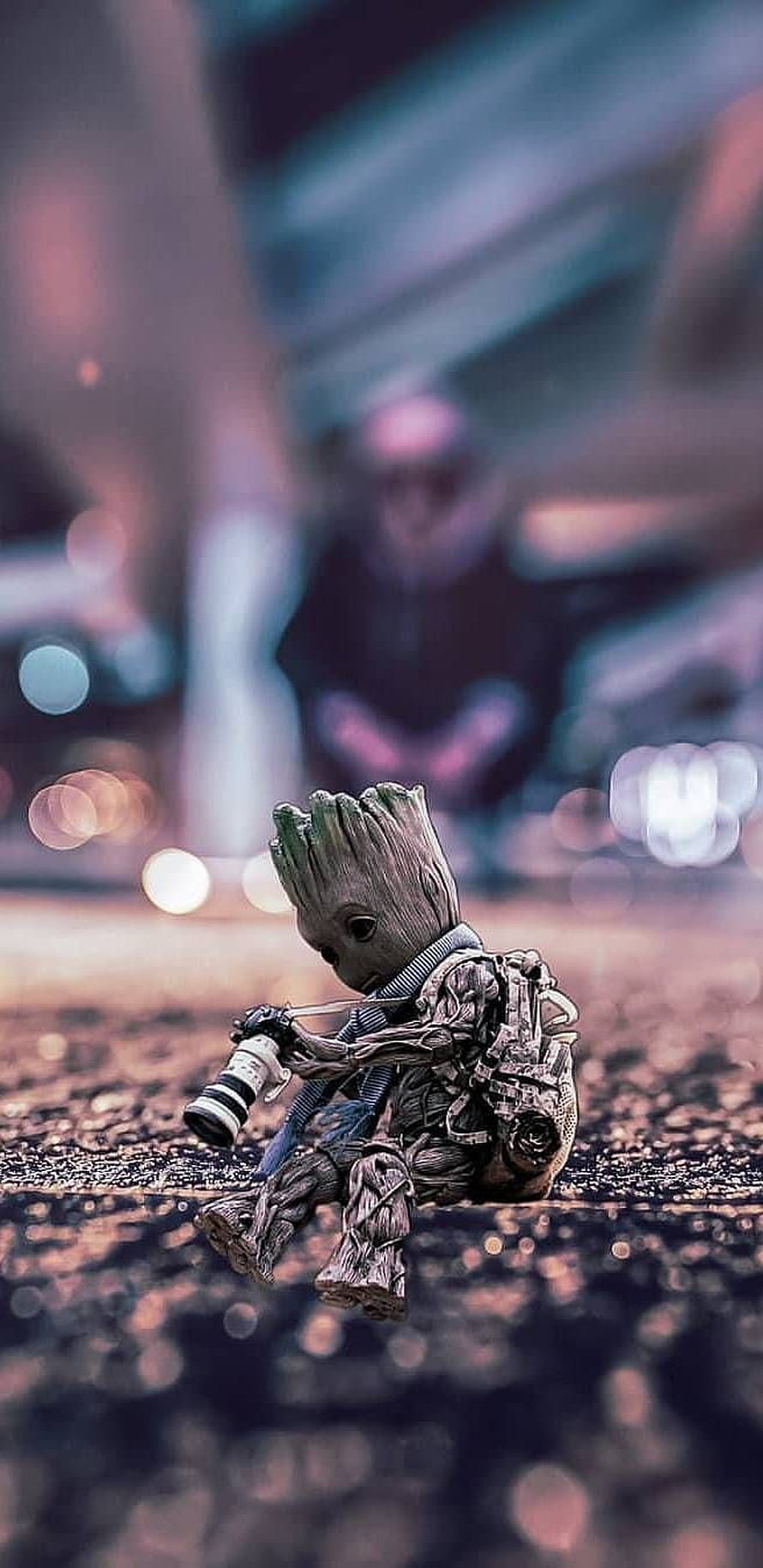 Baby Groot Action Figure Holding Camera in Cinematic Bokeh Setting HD phone wallpaper