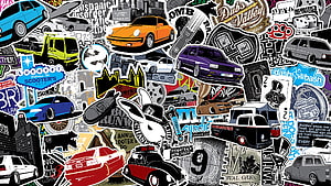 JDM Sticker Bomb Wallpaper Featuring Classic Cars and Racing Culture HD wallpaper