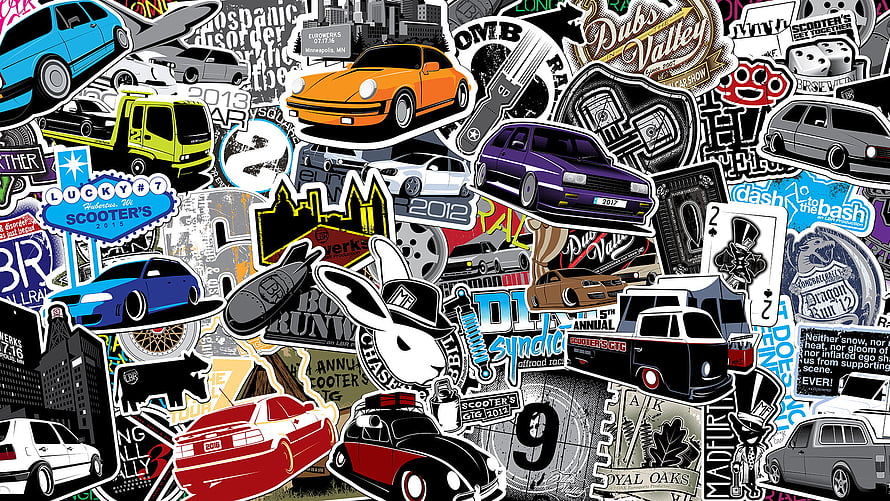 JDM Sticker Bomb Wallpaper Featuring Classic Cars and Racing Culture HD wallpaper
