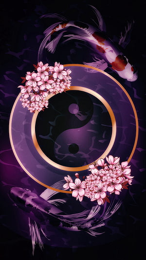 Purple Yin Yang Symbol with Cherry Blossoms and Koi Fish Digital Art HD phone wallpaper