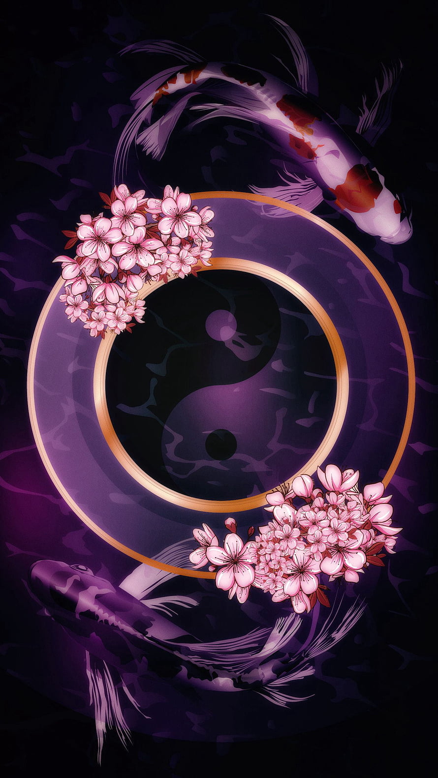 Purple Yin Yang Symbol with Cherry Blossoms and Koi Fish Digital Art HD phone wallpaper
