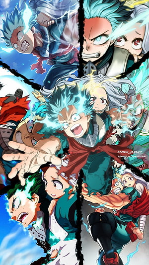 Izuku Midoriya unleashing One For All power in My Hero Academia anime action collage HD phone wallpaper