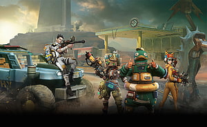 Farlight 84 Squad of Four Characters with Weapons and Duck Mascot in Post-Apocalyptic Desert HD wallpaper