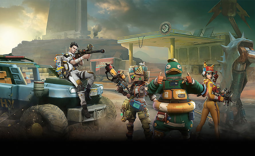 Farlight 84 Squad of Four Characters with Weapons and Duck Mascot in Post-Apocalyptic Desert HD wallpaper