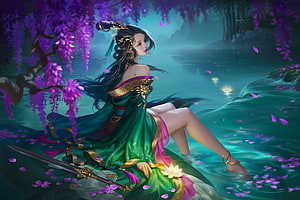 Elegant Fantasy Woman in Green Dress Sitting by Water with Wisteria and Sword, Beautiful Evening, art, , beautiful, girl, woman, digital, fantasy, flowers, water HD wallpaper