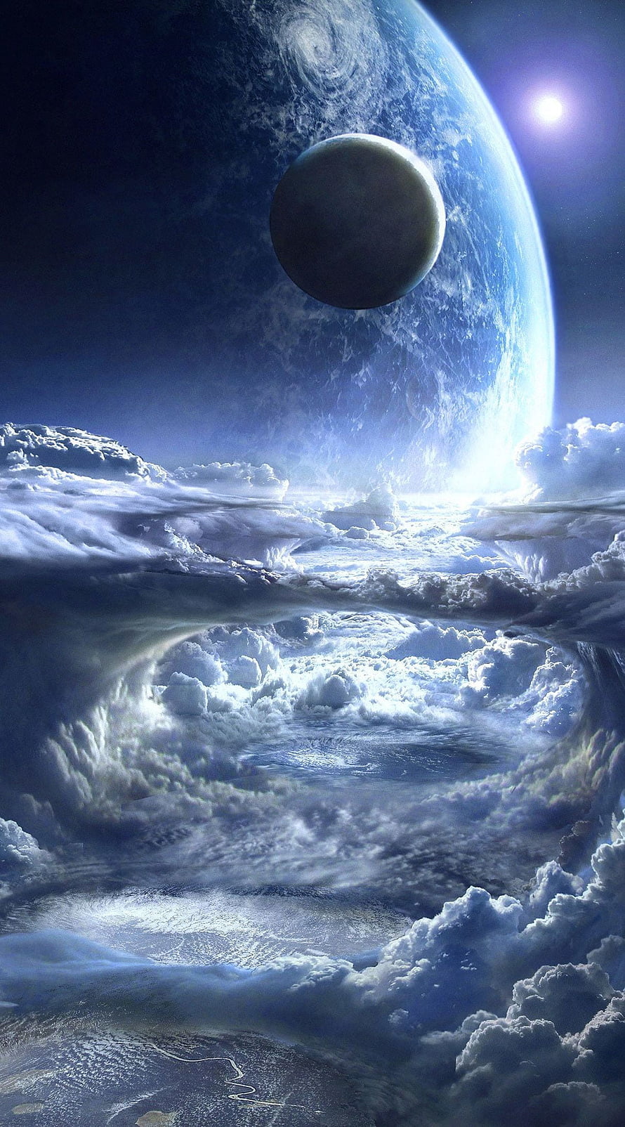 Surreal Cosmic Landscape With Giant Planet, Moon, and Swirling Clouds HD phone wallpaper