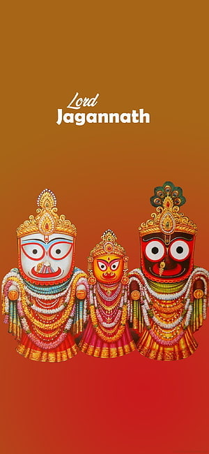 Lord Jagannath with Subhadra and Balabhadra in ornate traditional attire on a warm gradient background HD phone wallpaper