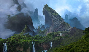 Misty Mountain Peaks with Waterfalls in Lush Jungle Landscape HD wallpaper