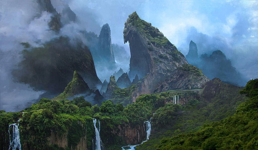 Misty Mountain Peaks with Waterfalls in Lush Jungle Landscape HD wallpaper
