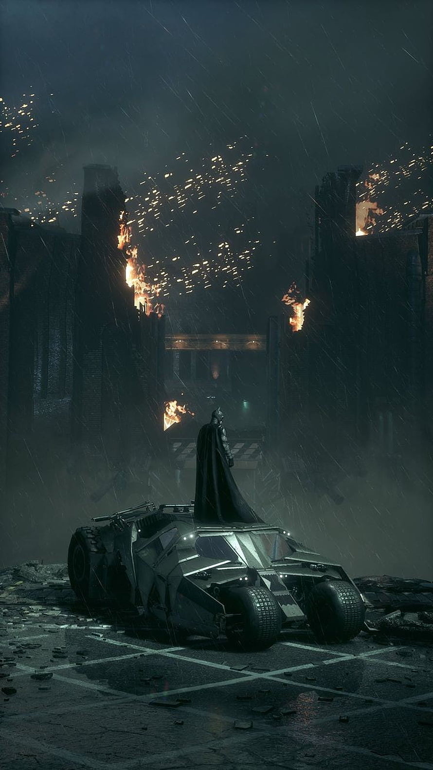 Batman Standing Beside Batmobile in Rainy Destroyed Cityscape at Night HD phone wallpaper