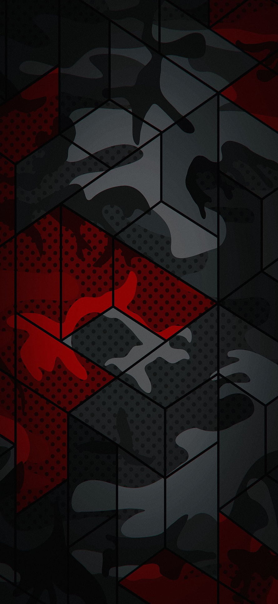 Dark Geometric Camouflage Pattern with Red and Black Tones HD phone wallpaper