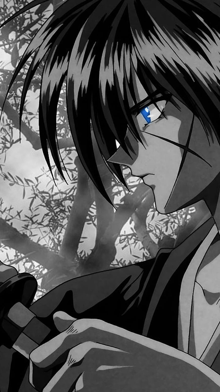 Rurouni Kenshin Anime Character Close-Up with Blue Eye and Katana in Monochrome Forest Setting HD phone wallpaper