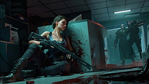 Jill Valentine holding a shotgun in a blood-splattered office with Nemesis looming in the background HD wallpaper