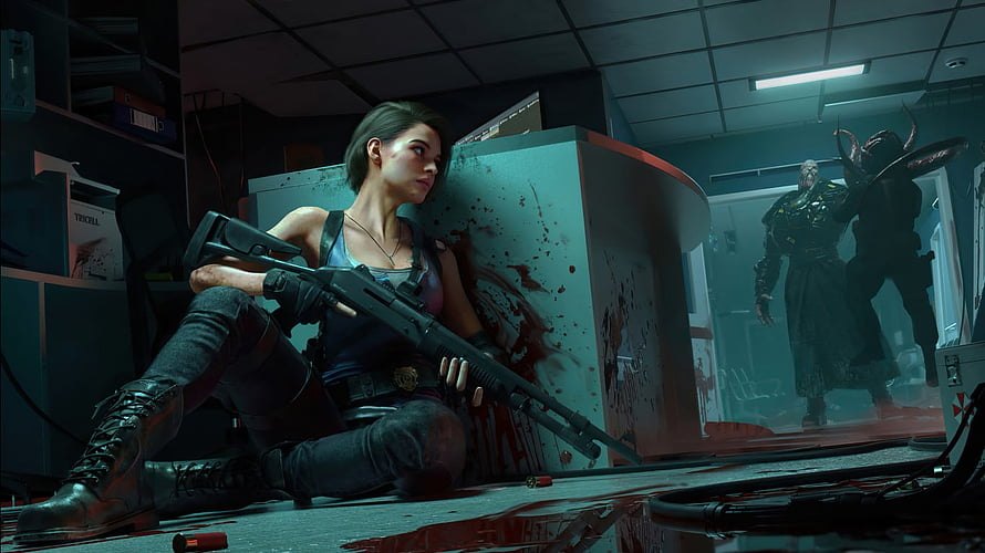 Jill Valentine holding a shotgun in a blood-splattered office with Nemesis looming in the background HD wallpaper