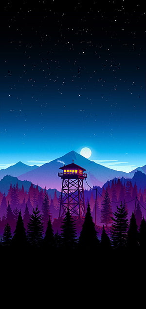 Illuminated Fire Watchtower in a Starlit Pine Forest with Distant Mountains and Full Moon HD phone wallpaper