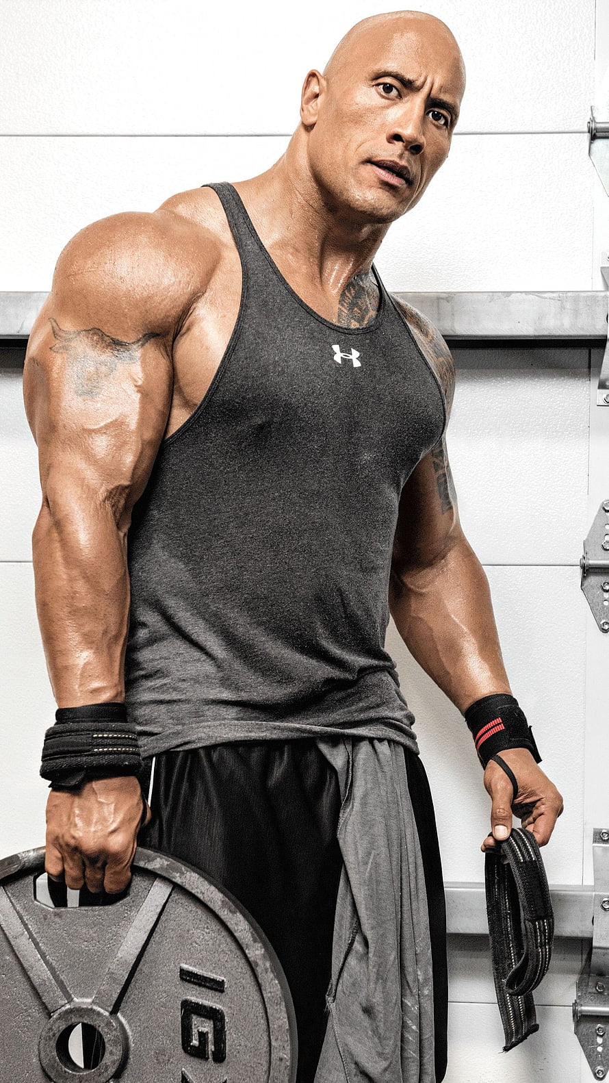 Dwayne Johnson Gym Portrait Holding Weight Plate and Lifting Straps HD phone wallpaper