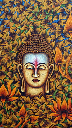 Serene Buddha Face Painting with Golden Lotus Flowers and Blue Background HD phone wallpaper