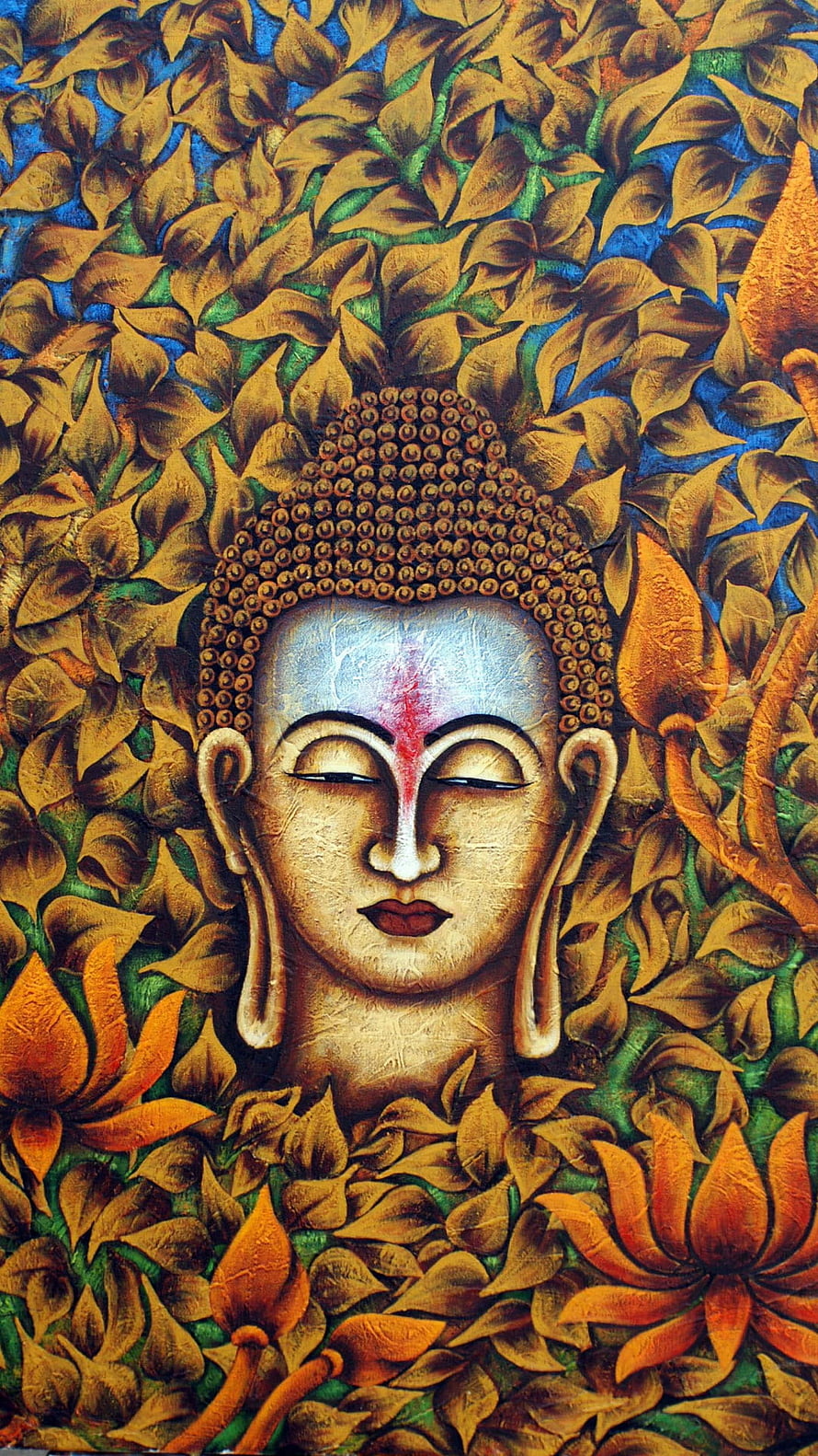 Serene Buddha Face Painting with Golden Lotus Flowers and Blue Background HD phone wallpaper