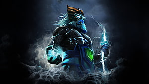 Dota 2 Zeus Concept Art: Storm God Wielding Lightning in Dark Clouds HD wallpaper