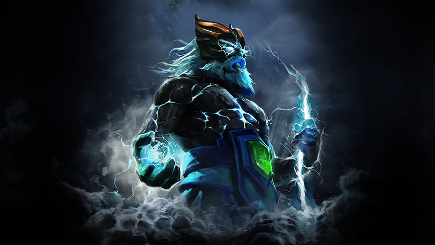 Dota 2 Zeus Concept Art: Storm God Wielding Lightning in Dark Clouds HD wallpaper