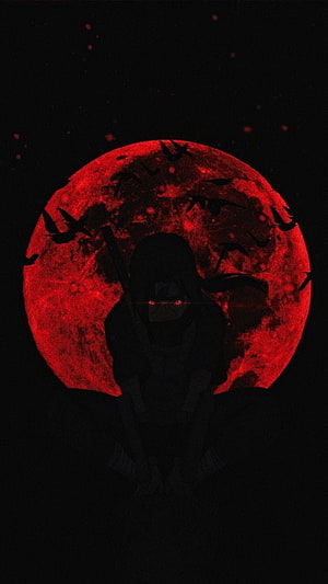 Itachi Uchiha Silhouette Against a Blood Red Moon with Crows in Naruto Shippuden HD phone wallpaper