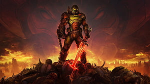 Doom Slayer Standing Over Fallen Enemies With Glowing Sword in Hellish Landscape HD wallpaper