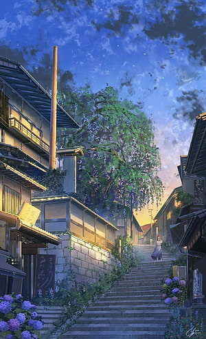 Anime Japanese Street Scene with Stone Steps, Hydrangeas, and a Starry Twilight Sky HD phone wallpaper