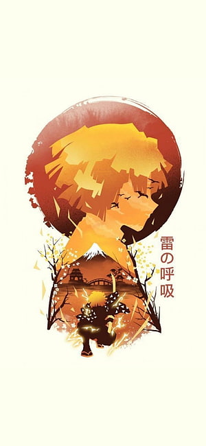 Zenitsu Agatsuma Thunder Breathing Artwork with Japanese Landscape and Cherry Blossoms HD phone wallpaper