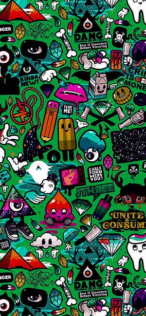 Vibrant Green Doodle Art with Cartoon Characters, Eyes, and Street Art Elements HD phone wallpaper