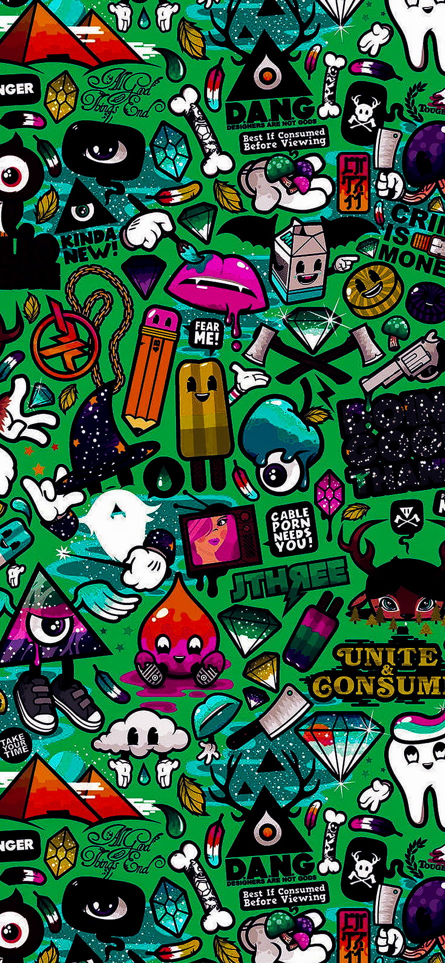 Vibrant Green Doodle Art with Cartoon Characters, Eyes, and Street Art Elements HD phone wallpaper
