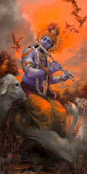 Lord Krishna Playing Flute in Serene Sunset Landscape with Cows and Birds HD phone wallpaper