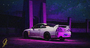 White Nissan Skyline R34 GT-R Night Scene with Purple Neon Glow and Starry Sky HD wallpaper
