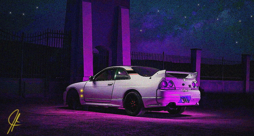 White Nissan Skyline R34 GT-R Night Scene with Purple Neon Glow and Starry Sky HD wallpaper
