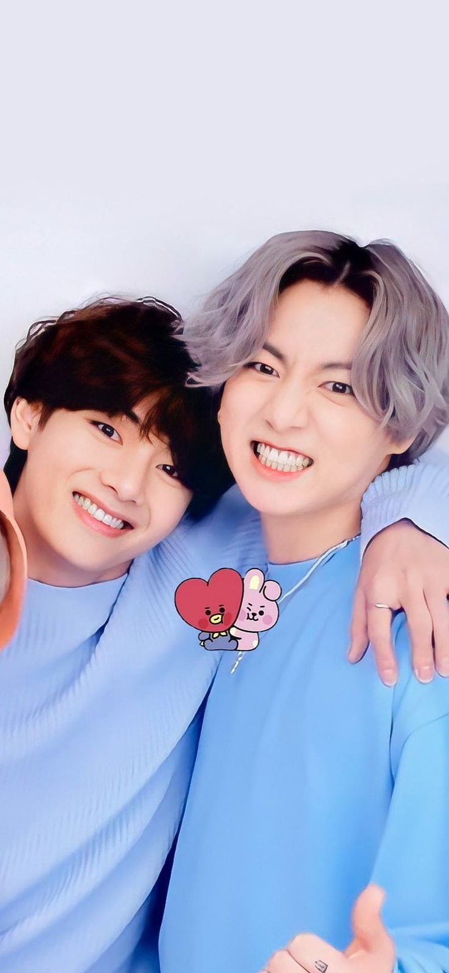 BTS Taekook V and Jimin in matching blue sweaters with cute cartoon sticker HD phone wallpaper