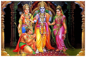 Ram Darbar with Sita and Lakshmana in ornate Indian temple setting HD wallpaper