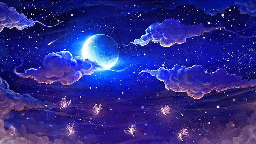Dreamy Fantasy Night Sky with Glowing Moon, Swirling Clouds, and Fireflies HD wallpaper