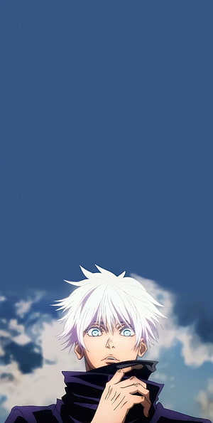 Gojo Satoru from Jujutsu Kaisen with white hair and blue eyes against a cloudy sky HD phone wallpaper