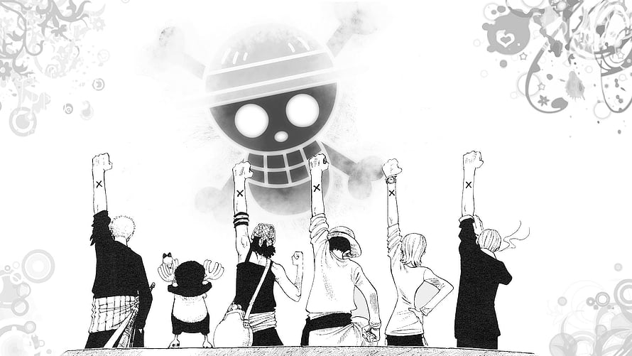 One Piece Straw Hat Crew Raising Fists Toward Giant Robot in Black and White Manga Art HD wallpaper