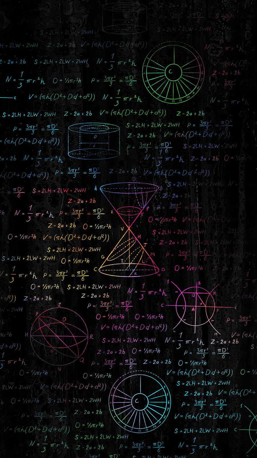 Neon Geometric Shapes and Mathematical Formulas on a Dark Chalkboard Background HD phone wallpaper