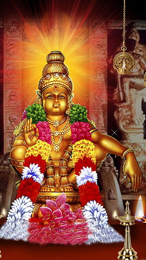 Golden Ayyappa Swamy Idol Adorned With Flower Garlands And Temple Oil Lamps HD phone wallpaper